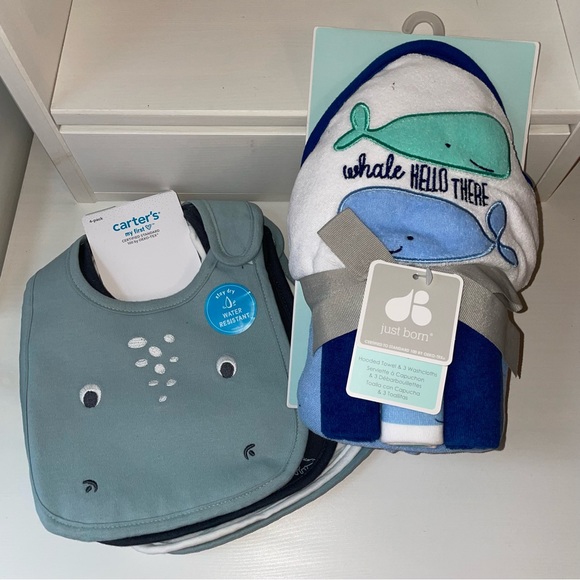 Carter’s Bibs 🦕 and Just Born Hooded Towel 🐳 and Washcloths - both NWT - Picture 14 of 14